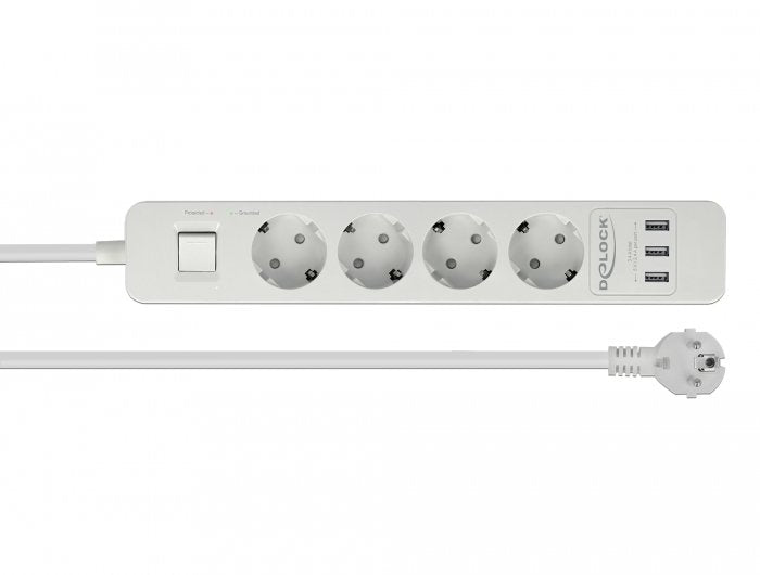 Regleta Delock De 4 Vías, 3x Usb Blanca, Cable De 1,5 Metros, Protección Contra Sobretensiones, Con Interruptor 11206