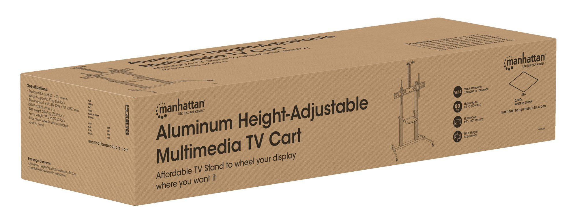 Manhattan 462563 Tv-Wagen 60-100" 80kg Vesa 1000x600 Neigbar Kamera- Av-Ablage Rollen Silver Black