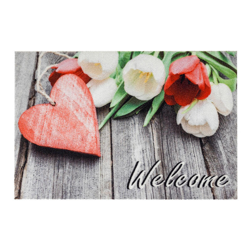 Felpudo De Interior, Deco Print, 100% Poliamida, 40 X 60cm, Diseño Flores Corazón Welcome