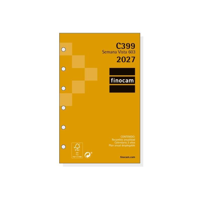Finocam C399 Recambio Para Agenda Classic - Anual 2027 - Semana Vista Horizontal - Formato 603 - 79x127mm - 6 Taladros
