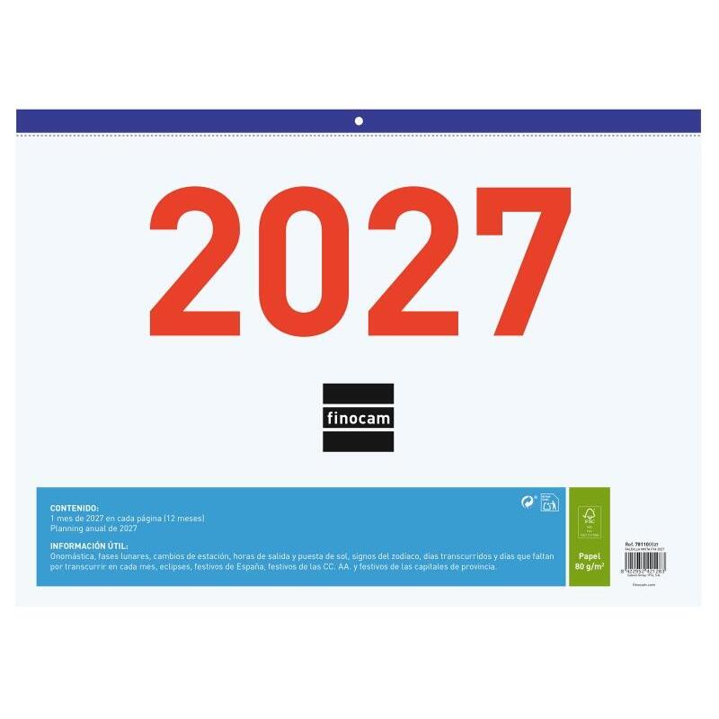 Finocam Calendario Faldilla - Anual 2027 - Mes Vista - Formato F94 - 430x310mm - Papel De 80g/M2 Microperforado -
