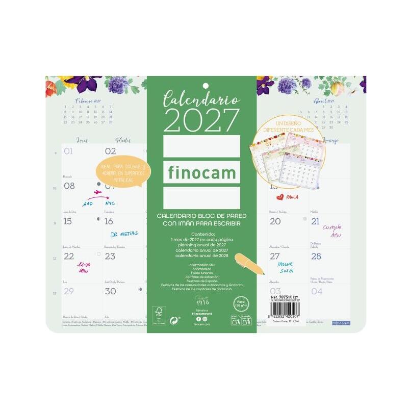 Finocam Design Calendario De Pared Con Iman - Anual 2027 - Mes Vista - 250x200mm - Encolado - Papel De 120g/M2 -