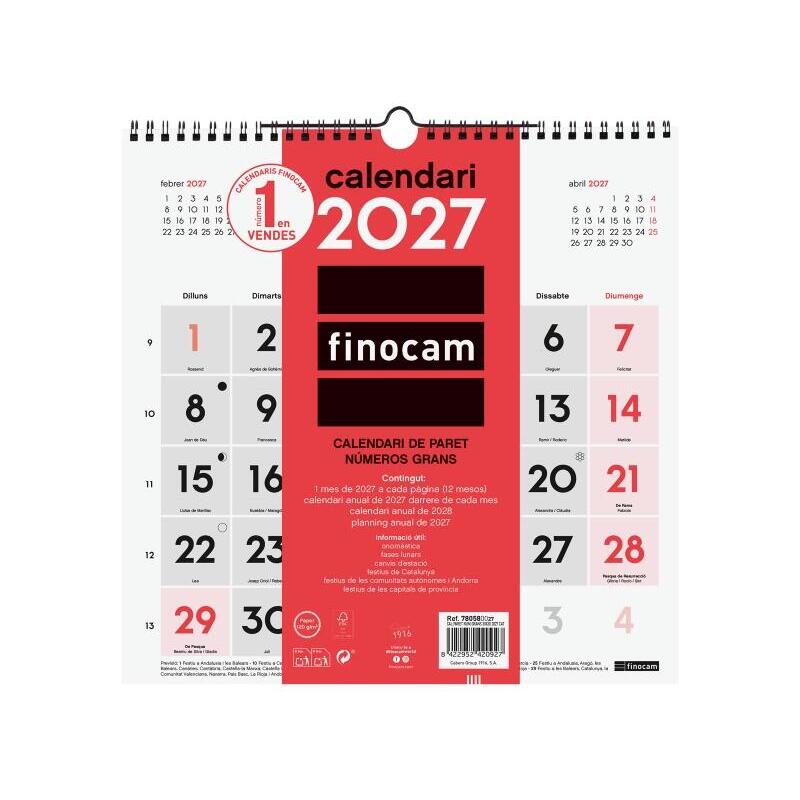 Finocam Neutro Calendario De Pared En Catalan - Anual 2027 - Mes Vista - 300x300mm - Espiral Doble - Papel De 120g/M2 -