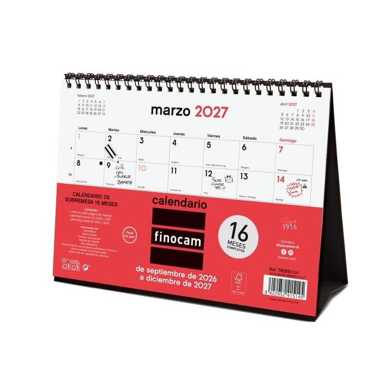 Finocam Neutro Calendario De Sobremesa - 16 Meses - Mes Vista - Formato S - 210x150mm - Espiral Doble Metalica - Papel