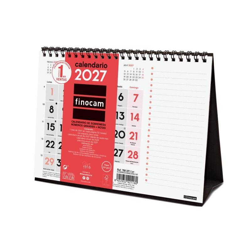 Finocam Neutro Calendario De Sobremesa - Anual 2027 - Mes Vista - Formato S - 210x150mm - Espiral Doble - Papel De