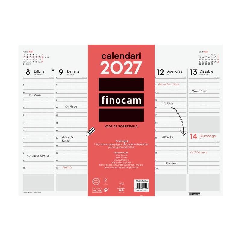 Finocam Neutro Vade Calendario En Catalan - Anual 2027 - Semana Vista Vertical - 420x310mm - Encolado - Papel De 90g/M2