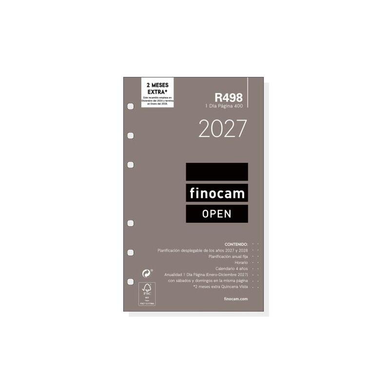 Finocam R498 Recambio Para Agenda Open - Anual 2027 - 1 Dia Por Pagina - Formato 400 - 91x152mm - 6 Taladros - Papel De