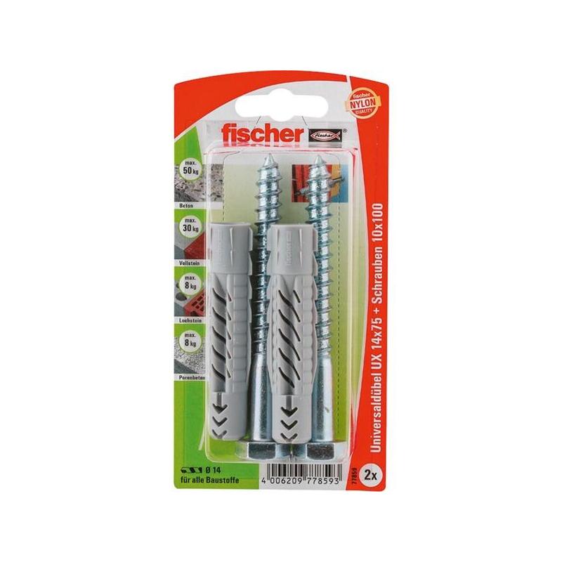 Fischer Taco Universal Ux 14x75 Sk Gris Claro, 2 Piezas, Con Tornillo 77859