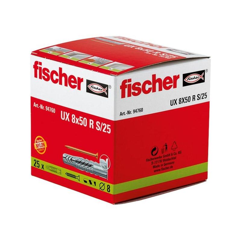 Fischer Taco Universal Ux 8x50 Rs/25 Gris Claro, 25 Unidades, Con Tornillo 94760