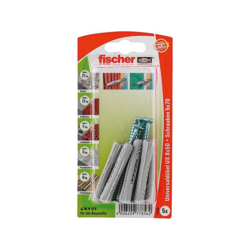 Fischer Taco Universal Ux 8x50 Sk Gris Claro, 5 Unidades, Con Tornillo 77856