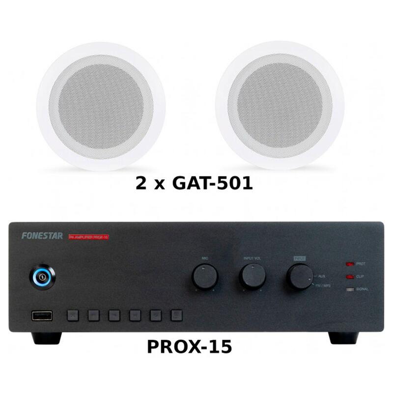 Fonestar Pack Ahorro 50 - Amplificador Prox-15 + Pareja Altavoces De Techo Gat-501