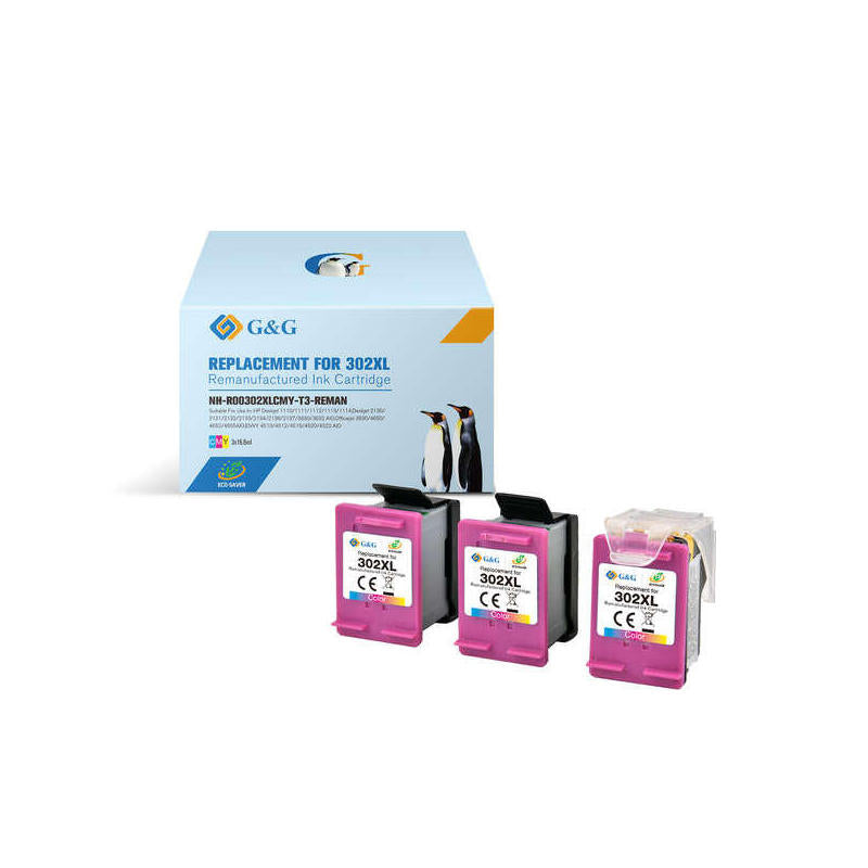 G&G Hp 302xl Color Pack De 3 Cartuchos De Tinta Remanufacturados - Eco Saver - Muestra Nivel De Tinta - Reemplaza F6u67ae/F6u65ae