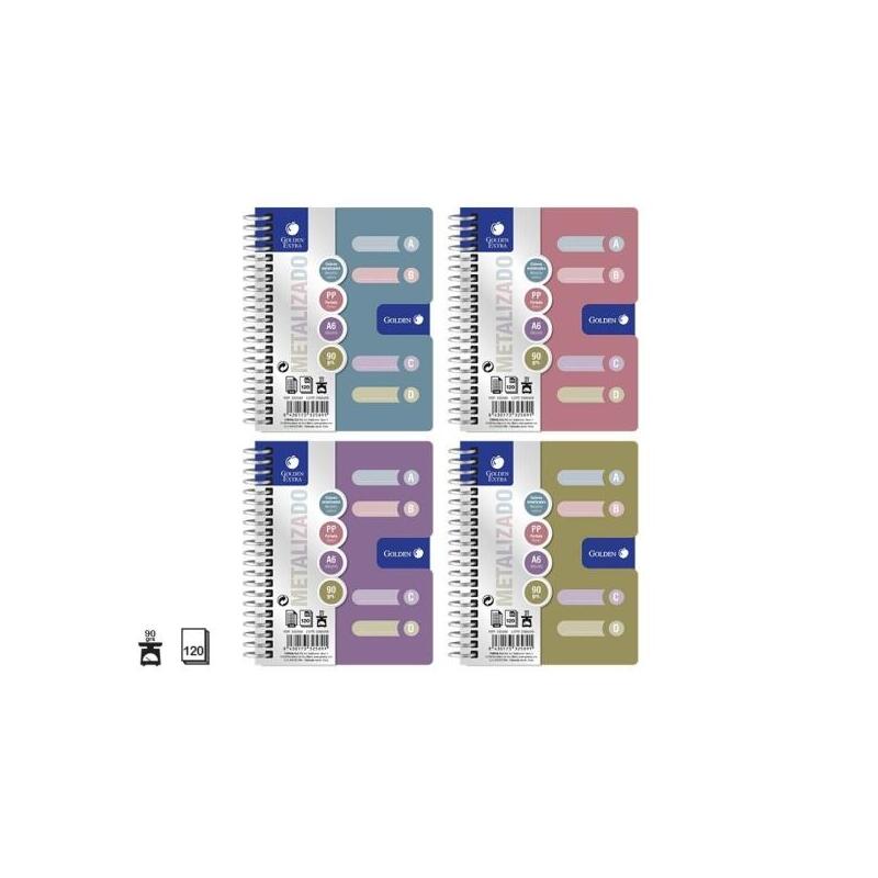 Golden Pack De 12 Cuadernos A6 120 Hojas 90gr Cuadricula 5x5 - Tapa Polipropileno - 4 Separadores - Colores Metalizados