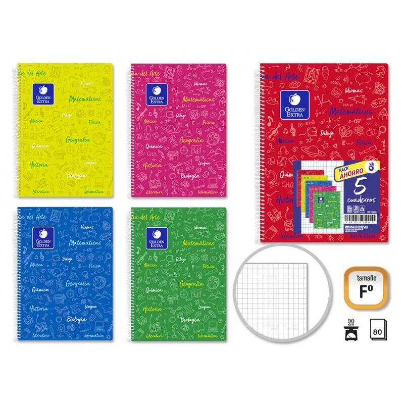 Golden Pack De 5 Cuaderno Asignatura Tapa Dura Folio 80 Hojas 90gr Cuadricula 4x4 - Resistente - Ideal Para Estudiantes
