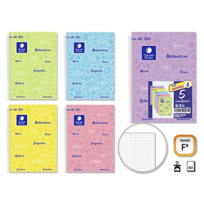 Golden Pack De 5 Cuaderno Asignatura Tapa Dura Folio 80 Hojas 90gr Cuadricula 4x4