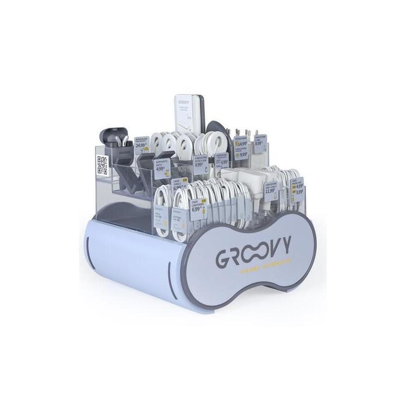Groovy Expositor Cargadores Pared Usb-A/Tipo-C, Soporte Coche, Cables Usb/Micro-Usb/Lightning/Type C + Auriculares -62u-