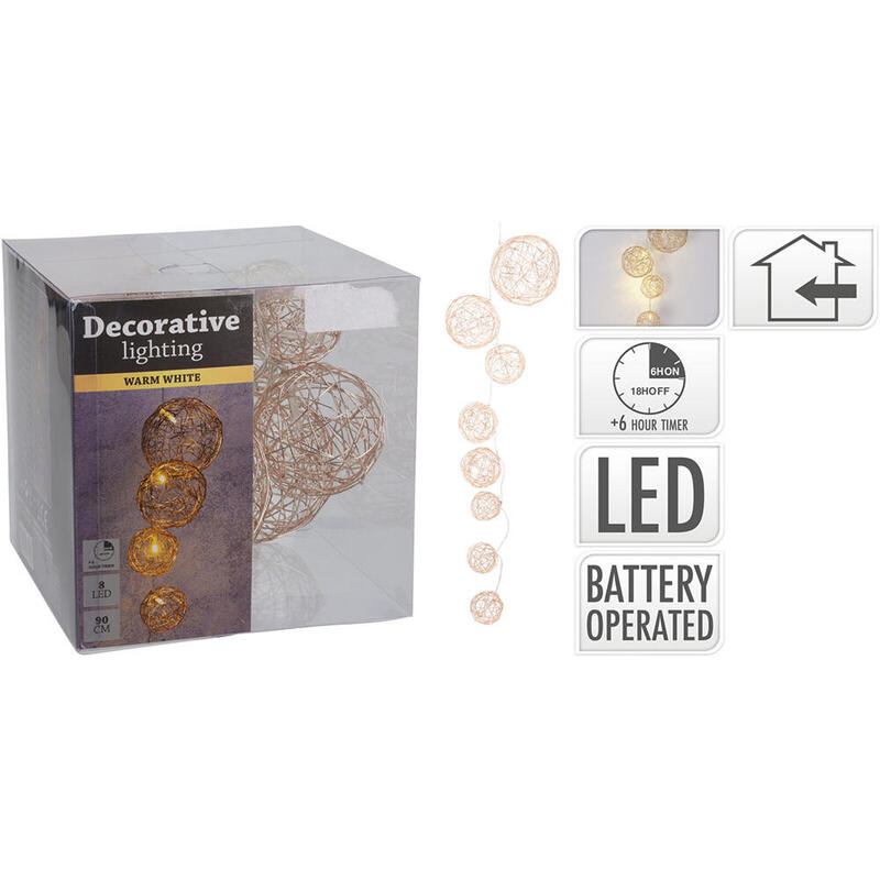 Guirnalda 8 Bolas Yute Varios Diametros Con Led, Blanco Calido, 8 Leds, 90cm. Basics