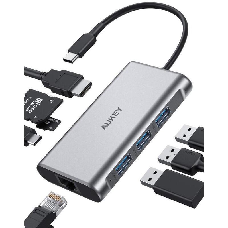 Hub Aukey Cb-C91 Aluminium Usb-C 8in1 Rj45 Eth