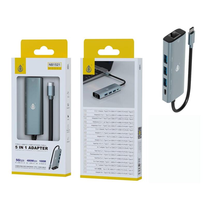 Hub Jc Nb1521 5 En 1 En Color Plata Adaptador De Usb-C (Macho) A Usb 3.0 + 2usb 2.0 + Rj45 + Usb-C Hembra