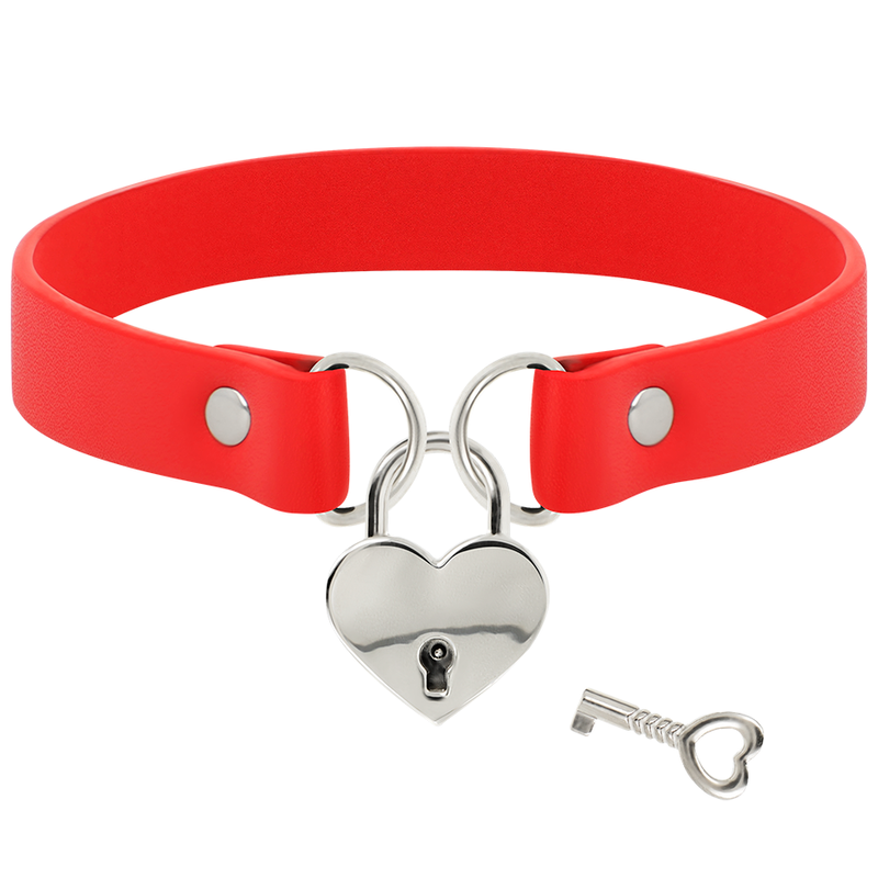 Coquette Chic Desire - Collar Cuero Vegano Rojo Accesorio Corazón Con Llave