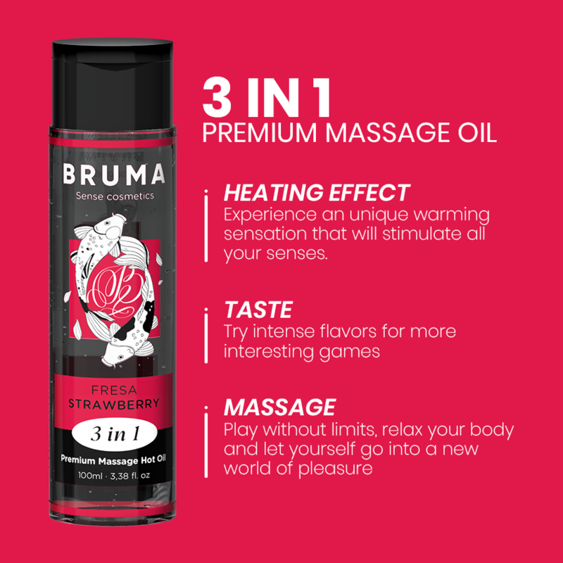 Aceite De Masaje Bruma Premium Efecto Calor Sabor Fresa 3 En 1