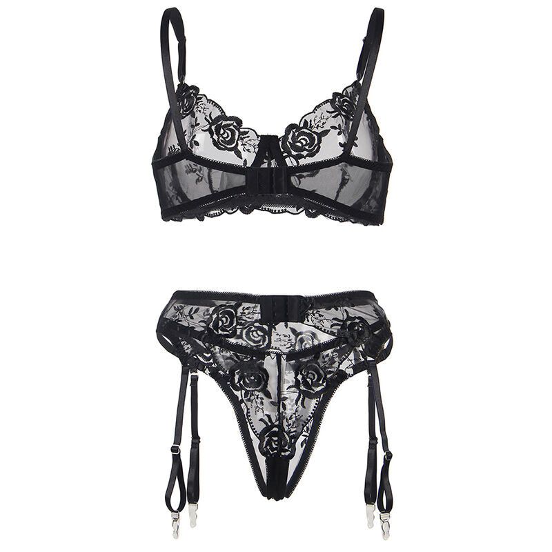 Subblime - Set De 3 Piezas Sujetador + Tanga + Liga Estampado Floral Negro S/M