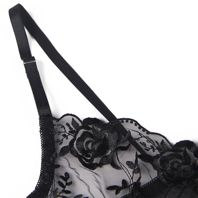 Subblime - Set De 3 Piezas Sujetador + Tanga + Liga Estampado Floral Negro L/xl
