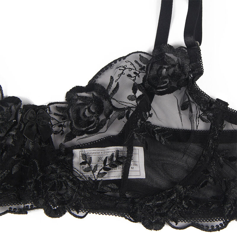 Subblime - Set De 3 Piezas Sujetador + Tanga + Liga Estampado Floral Negro L/xl
