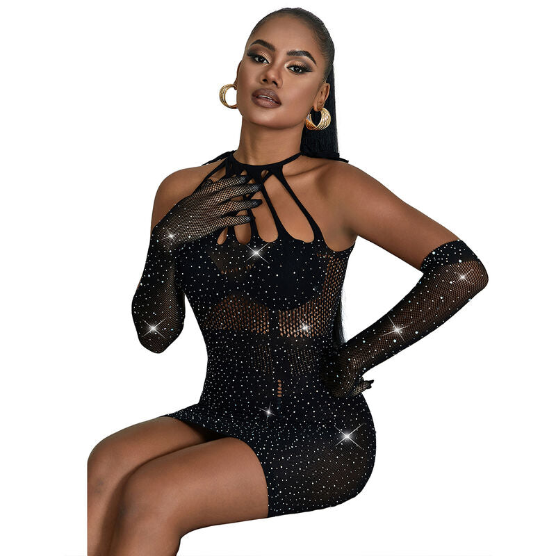 Subblime - 952235 Bodystocking De Rejilla Con Brillantes Y Guantes Negro Talla Única