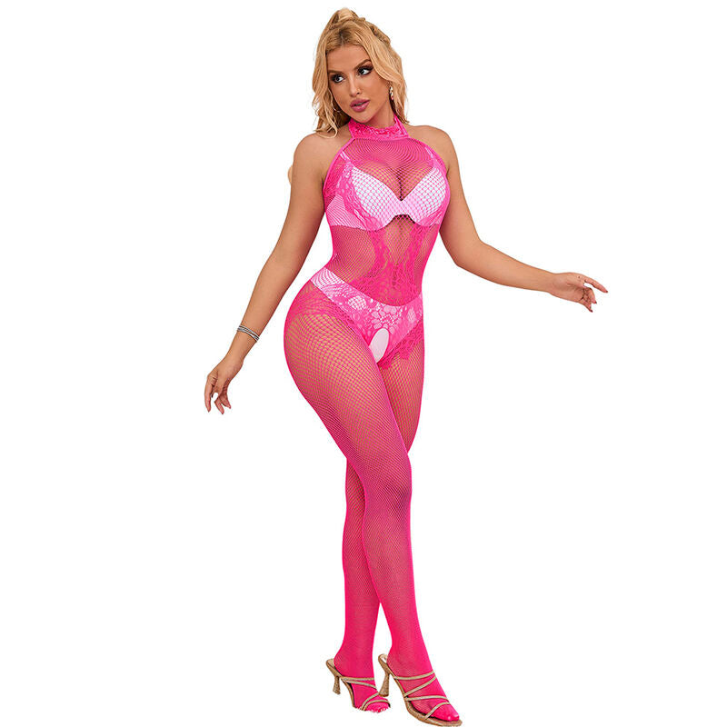 Subblime - 952389 Bodystocking Crotchless De Rejilla Y Encaje Con Cuello Alto Rosa Talla Única