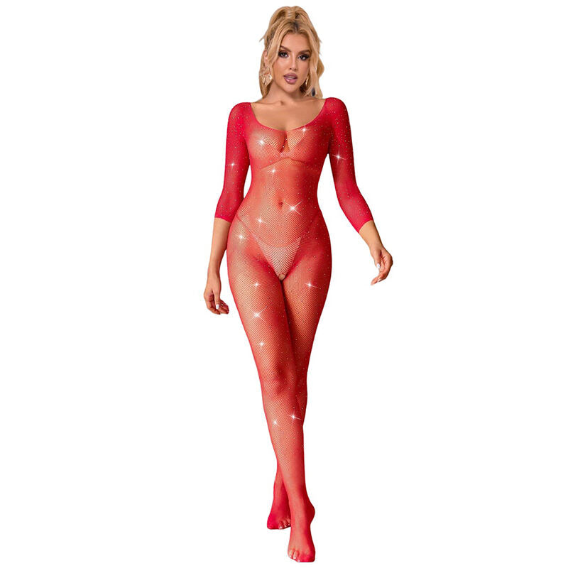 Subblime - 952419 Bodystocking De Rejilla Con Diamantes Manga Larga Rojo Talla Única