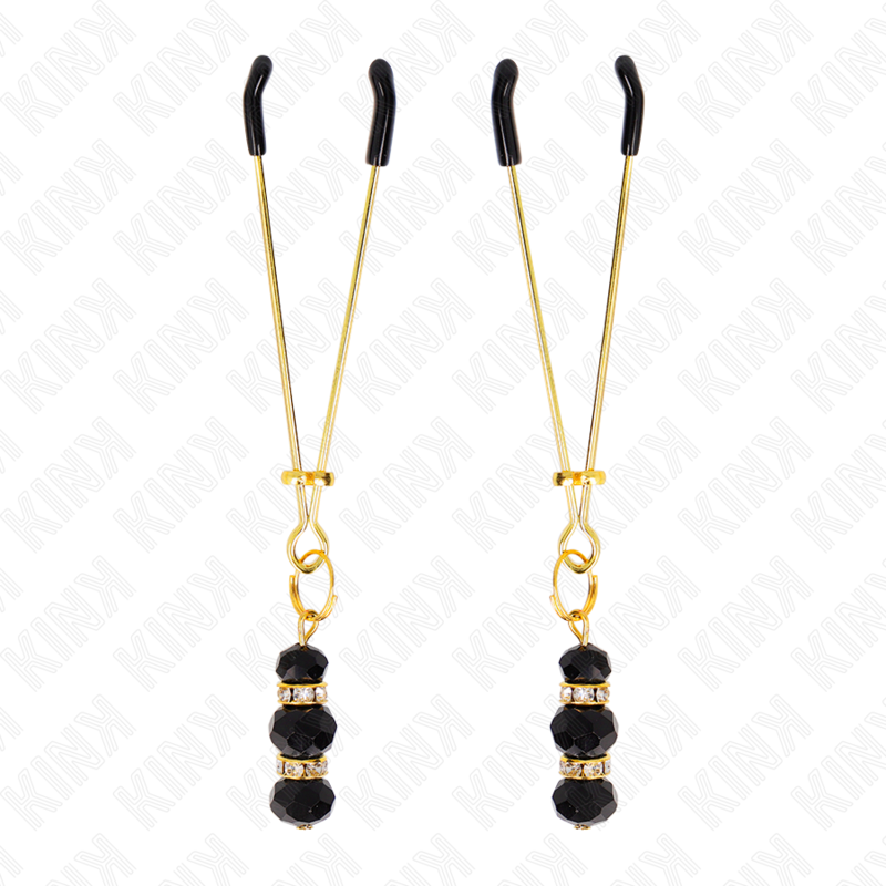 Kink - Pinzas Para Pezones Dorada Fina Con Triple Bola De Vidrio Negro 7 Cm