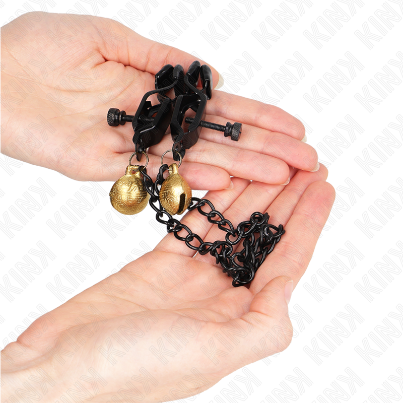 Kink - Pinzas Para Pezones Planas Negro Con Cascabel Y Cadena Plateado 30 Cm