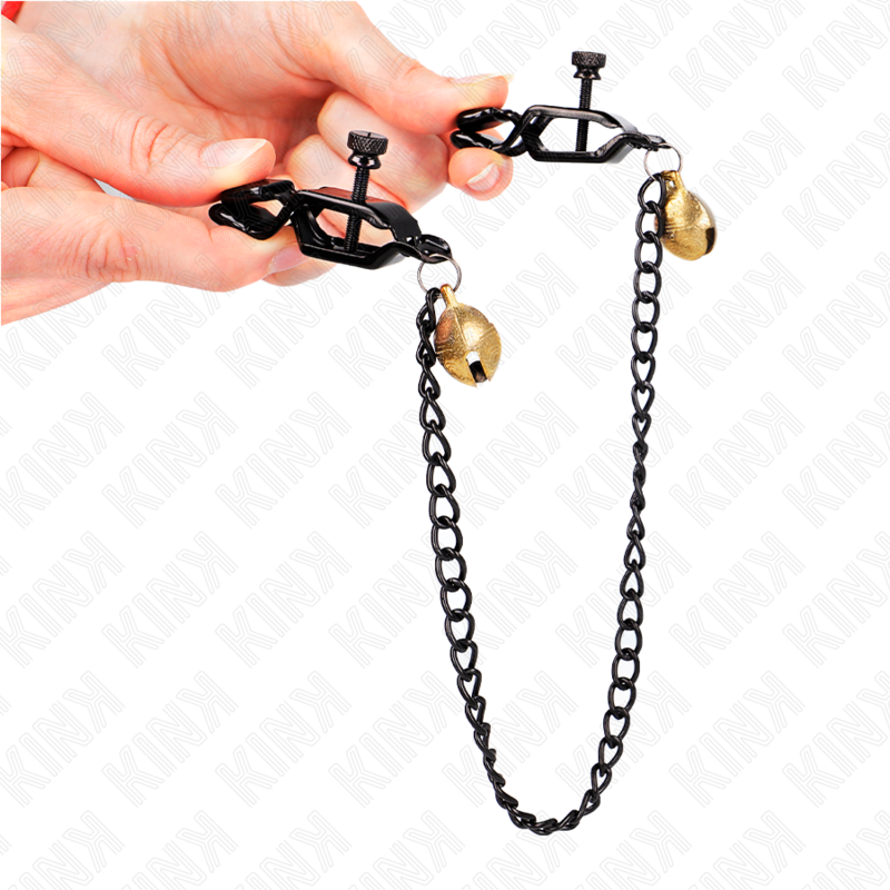 Kink - Pinzas Para Pezones Planas Negro Con Cascabel Y Cadena Plateado 30 Cm