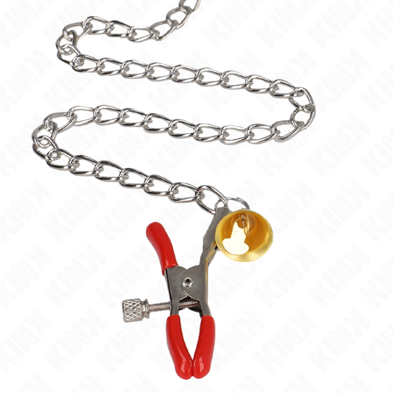 Kink - Pinzas Para Pezones Y Clítoris Rojas Con Cascabel Dorado Y Cadena 30 Cm