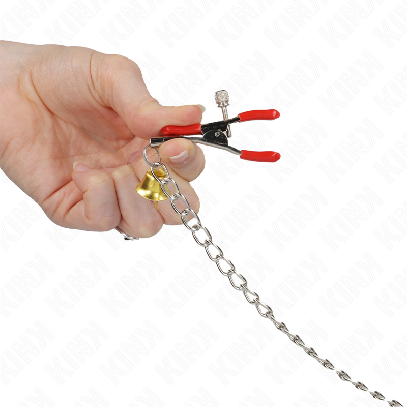 Kink - Pinzas Para Pezones Y Clítoris Rojas Con Cascabel Dorado Y Cadena 30 Cm