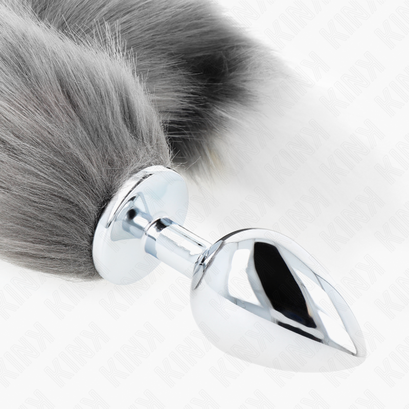 Kink - Plug Anal Talla L 10 X 4 Cm Con Cola Sintética 40 Cm Plateado Y Blanco