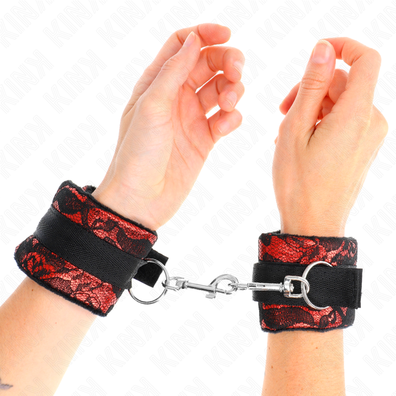 Kink - Muñequeras Cortas De Encaje Terciopelo Y Unión De Nylon Rojo/Negro 23 X 6.5 Cm