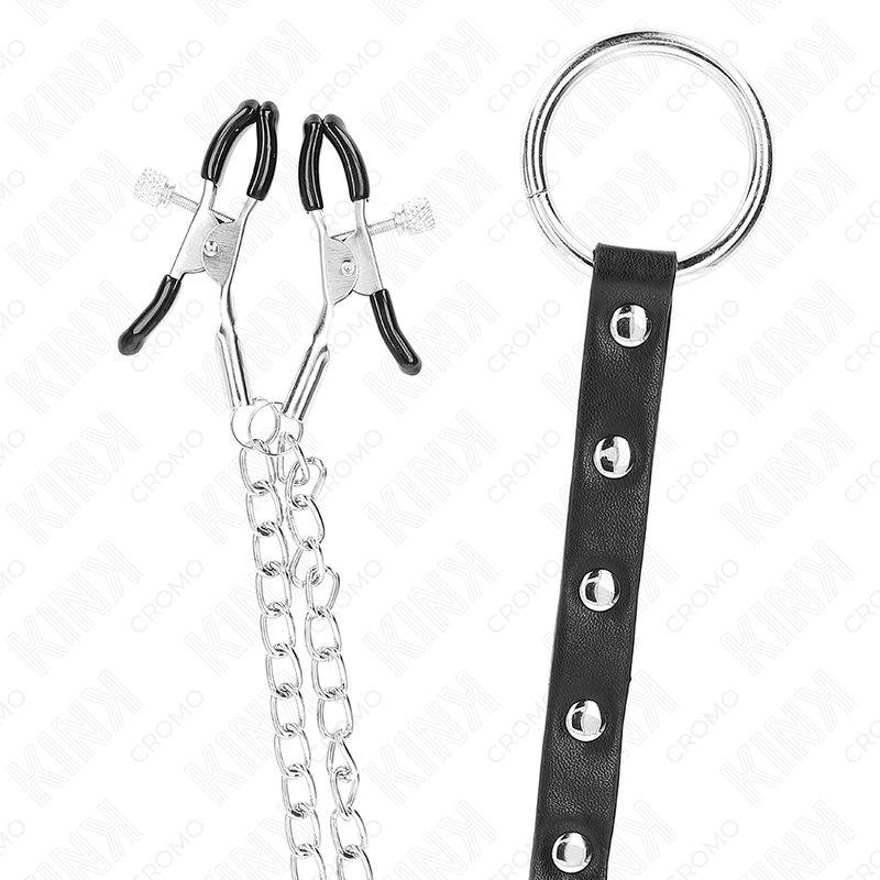 Kink - Anillo Pene Metal Con Cadena Y Pinzas Para Pezones Ajustable