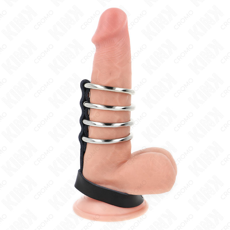 Kink - 4 Anillos Pene Metal 3.8 Cm Conectados Con Correa De Cuero 22 X 1.5 Cm Y Cierre A Presión