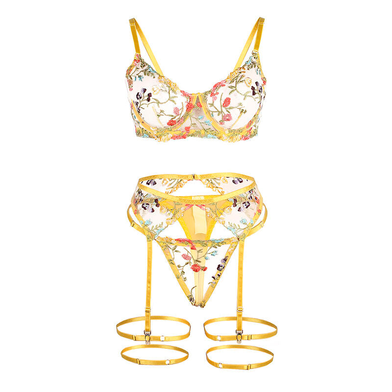 Subblime - 954352 Sujetador + Tanga + Ligueros Diseño Floral Amarillo L/Xl