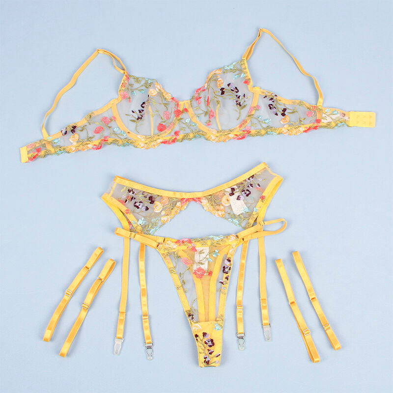 Subblime - 954352 Sujetador + Tanga + Ligueros Diseño Floral Amarillo L/Xl