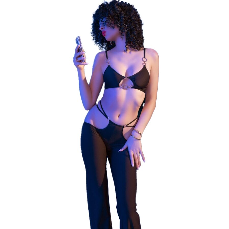 Chilirose - Cr 4851 Set Top Negro Y Leggins Con Complementos Dorados L