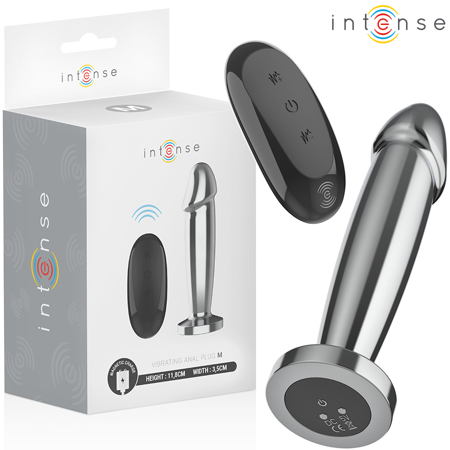 Intense - Plug Anal 10 Vibraciones Metal En Forma De Dildo Con Control Intense - Plug Anal 10 Vibraciones Metal En Forma De Dildo Con Control