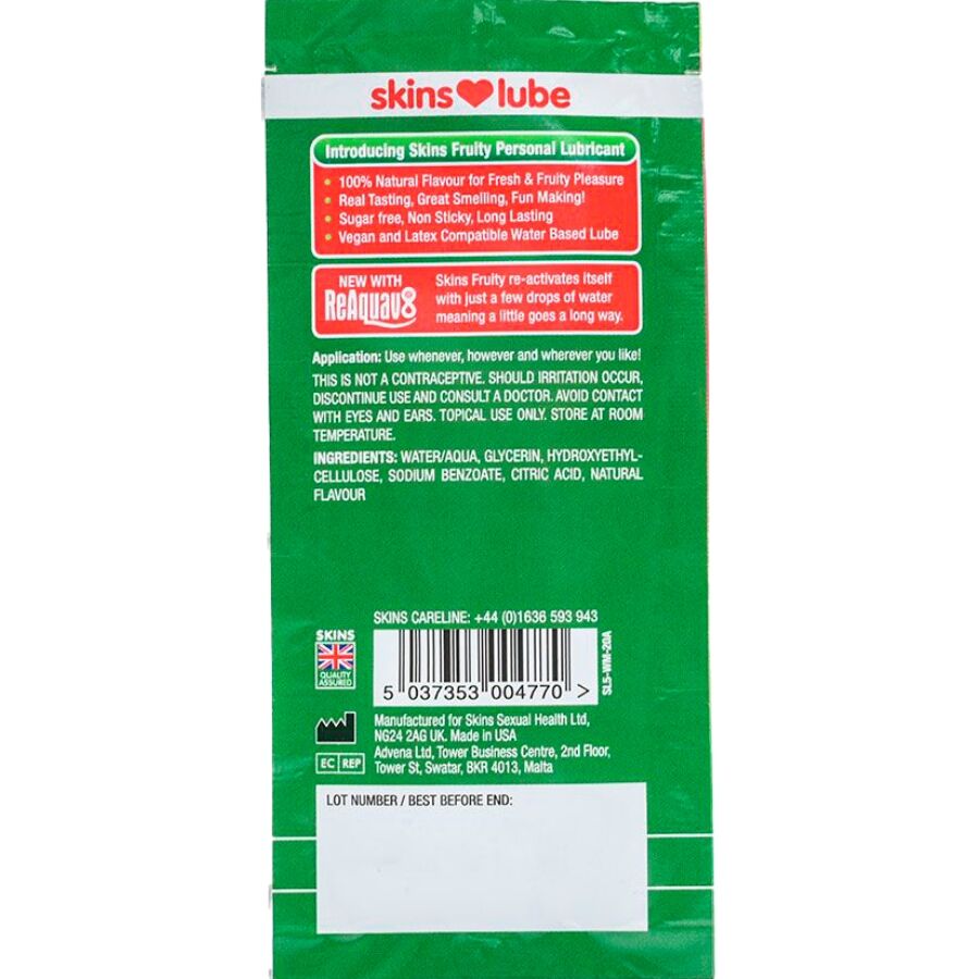 Skins - Fruity Lubricante Base De Agua Sandía Monodosis 5 Ml