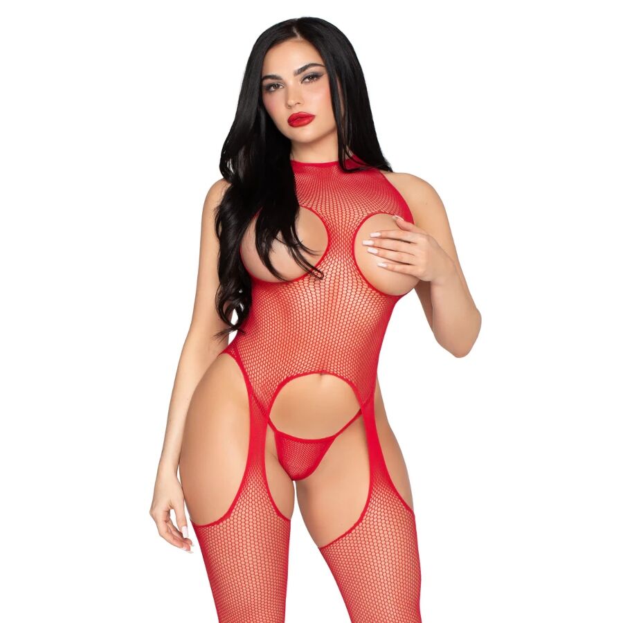 Leg Avenue - 89374 Bodystocking Sin Copas Y Panty Rojo - Talla Única
