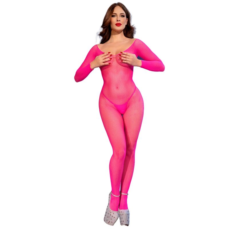Chilirose - Cr 4894 Bodystocking Malla Rosa Neon S/M