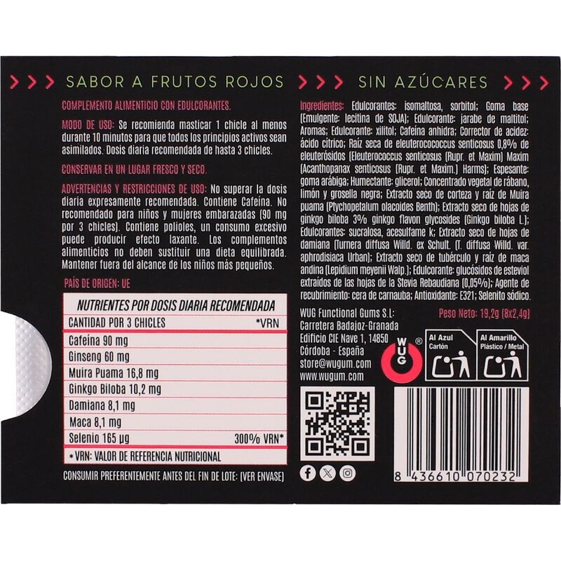 Wug Climax - Chicle Funcional Con Maca, Damiana Y Ginseng Para Potenciar El Deseo Y La Vitalidad Íntima Blister 8 Uds