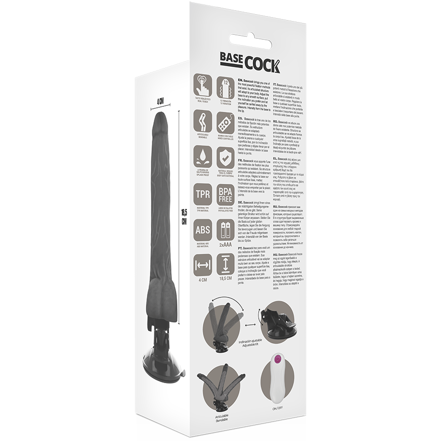 Basecock - Vibrador Realístico Articulable Control Remoto Negro 18.5 Cm -o- 4 Cm