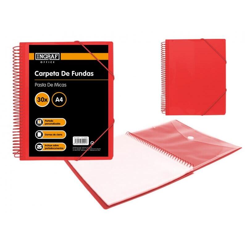 Ingraf Carpeta 30 Fundas Con Sobre Portada - Polipropileno Rigido - Espiral Plastica Indeformable - Apertura 360 Grados